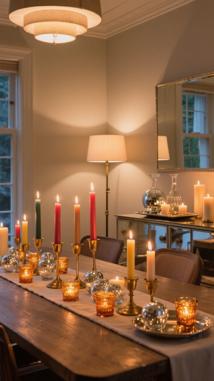 Medium-to-wide shot from a corner angle emphasizing layered candlelight and ambient glow. A dining table with beeswax or colored tapers (echoing the palette) in stable brass holders, clusters of mercury-glass votives and amber tea light holders along the runner, plus one or two pillar candles off on a sideboard. Overhead lights dimmed; a floor lamp at the room’s edge softening shadows. On the sideboard, a mirrored metallic tray styled with candles and glass decanters, bouncing warm light like a subtle disco ball. All candles unscented, staggered heights, wicks neatly trimmed; realistic warm evening illumination; no people.
