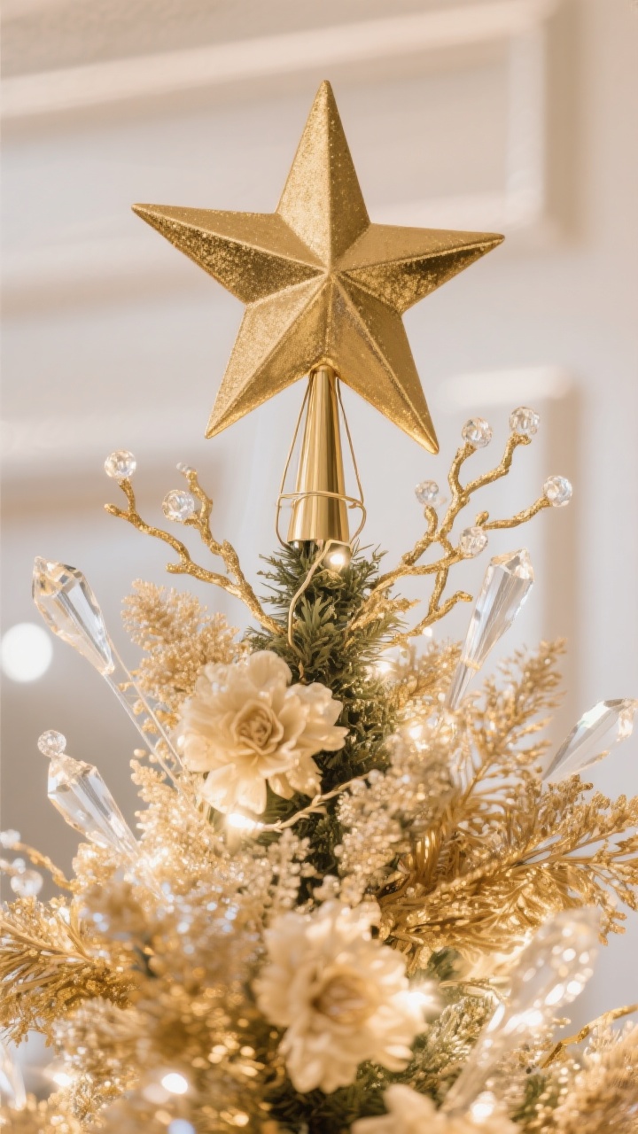 Medium upward angle: A statement gold tree topper with star power—feature a dimensional brushed-gold mid-century starburst as the focal point, surrounded by a mixed-material halo of champagne sprays, gold branches, and a few crystal picks for sparkle. The topper is neatly anchored with discreet floral wire/zip ties at the back (not visible from front). Warm white lights create a glamorous, old-Hollywood shimmer on the metallic and crystal elements. Photorealistic, slight vignette to emphasize the crown.