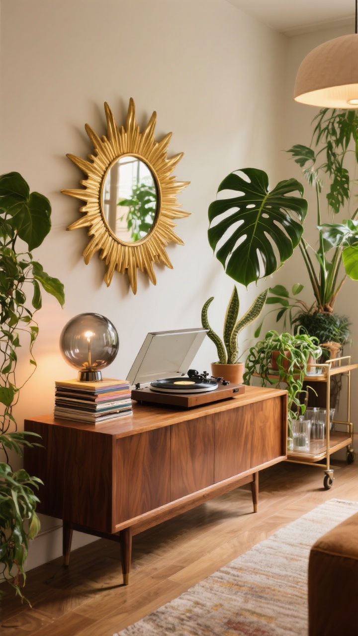 Medium vignette: A curated ’70s accent moment featuring a gold sunburst mirror above a low walnut console, a record player with a small vinyl stack, a smoked-glass globe bar cart to the side, and lush houseplants (monstera, snake plant, pothos) creating a jungle-chic feel; warm ambient lighting emphasizing reflections; straight-on view, photorealistic.