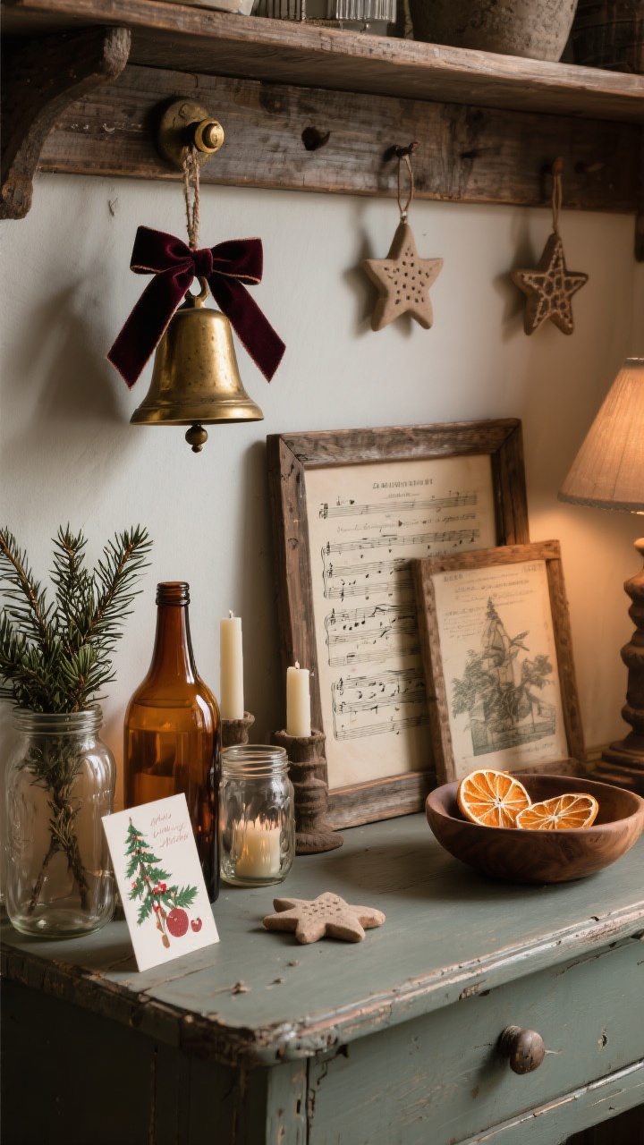 Medium vignette — A curated farmhouse shelf and console display of vintage and handmade finds: old brass bells tied with velvet ribbon hanging from a knob, amber bottles and mason jars holding clipped cedar and a few taper candles, framed sheet music and old Christmas cards propped casually, and DIY ornaments like air-dry clay stars and dried orange slices in a shallow wooden bowl; grouped in odd numbers, varied heights and textures (smooth glass, rough wood), intentional breathing room; warm, moody lamplight.