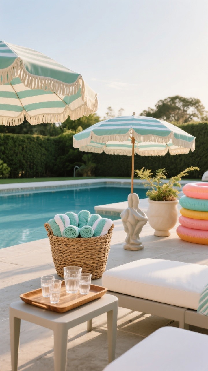 Medium vignette, late afternoon: Intentional accessories styled on a poolside setup. Coordinated umbrellas (striped or solid) in the chosen palette with scalloped edges shade matching rolled towels nestled in a woven basket. Lightweight, weatherproof side tables hold a teak tray with acrylic glassware for an instant bar moment. Add a sculptural planter as outdoor art nearby. Include chic, color-matched pool floats stacked neatly to the side. Calm, organized, upscale vibe.