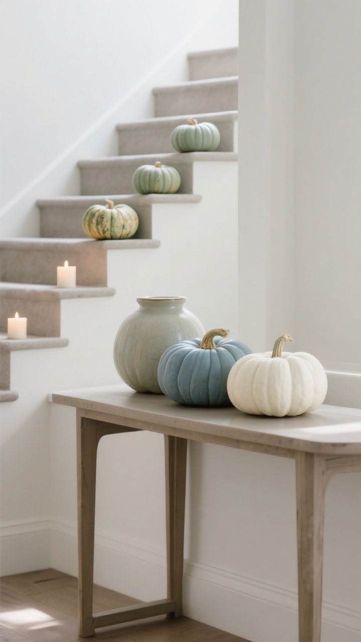 Medium vignette of minimal heirloom pumpkins: muted sage, dusty blue, and creamy white pumpkins arranged intentionally on a console table with a ceramic vase; separate detail of stair treads with one pumpkin per step, staggered, paired with small battery candles. Matte finishes for a refined look, clean lines, natural afternoon light.