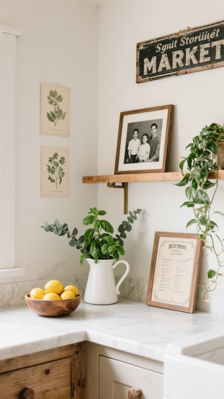 Medium vignette of quiet storytellers on a counter and wall: a small gallery of botanical prints and a black-and-white family photo, a vintage market text sign used sparingly, and a framed recipe card leaning on a shelf. Greenery adds life—potted basil, eucalyptus in a white pitcher, and a trailing pothos. Seasonal touch: a wooden bowl of lemons on the counter. Cozy, warm farmhouse palette with white and wood, soft afternoon light; straight-on composition.