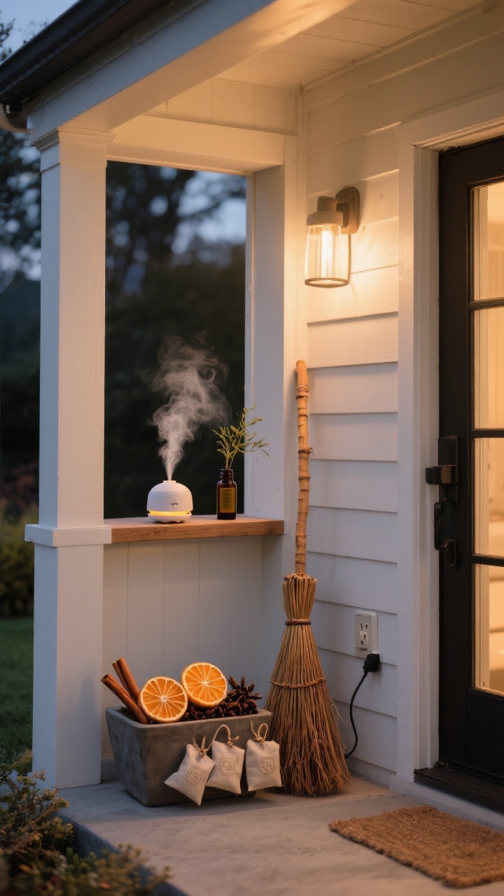 Medium vignette under a covered porch showing a seasonal scent setup without open flame: a small essential oil diffuser on a narrow shelf emitting a gentle mist; a cinnamon broom propped nearby; an electric warmer with dried orange slices and cinnamon sticks if an outlet is visible; clove sachets discreetly tucked in a planter; warm ambient evening light; clean, minimal styling focused on aromatic cues.