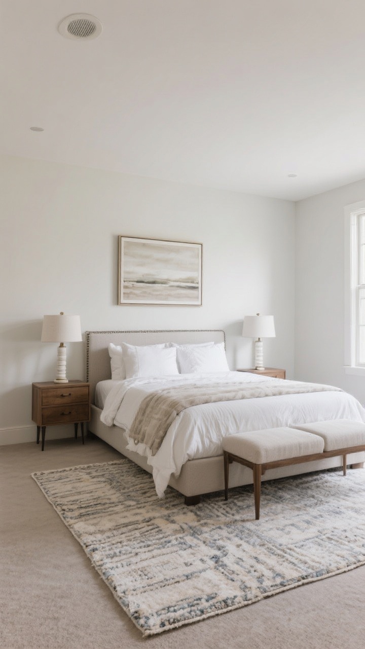 Medium-wide shot: A balanced bedroom demonstrating scale—queen bed with an 8x10 rug extending under the front two-thirds, nightstands equal in height to the mattress, table lamps whose shades align around chin height when seated, and a single artwork above the bed measuring about two-thirds the width of the headboard; proportional, intentional layout viewed from a slight corner angle.