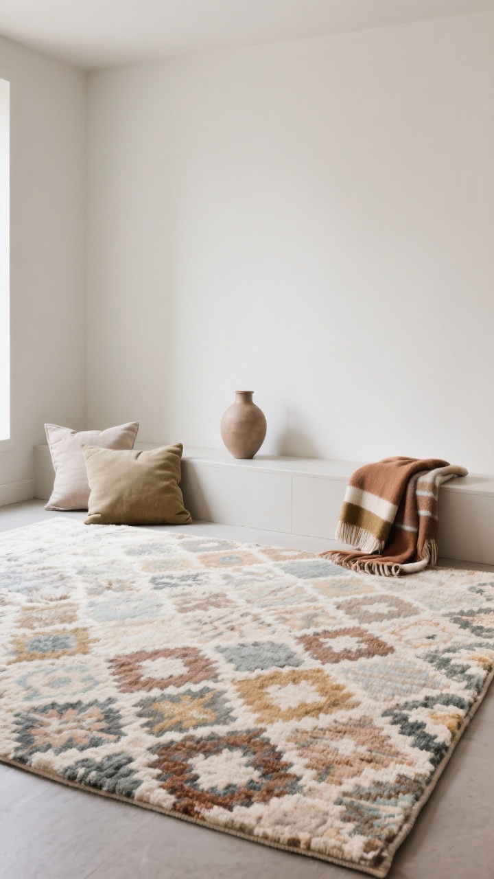 Medium-wide shot: Edited yet layered scheme—one hero element (patterned rug) leading the palette, with its colors softly repeated in two or three smaller moments (a cushion and a vase), negative space left via a clean wall and uncluttered surfaces, plus a neatly folded seasonal throw on standby; calm composition and balanced color story.