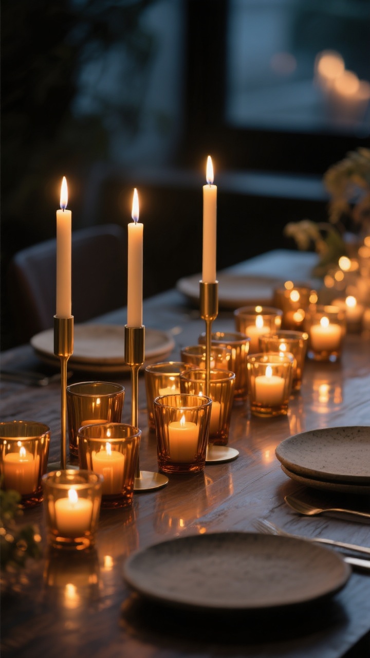 Moody closeup of candle arrangements down a table center: clusters of amber glass votives glowing warmly, interspersed with slim brushed-brass taper holders at varying heights; include a pair of realistic LED tapers among traditional wax for safety; unscented candles only; reflections on matte stoneware plates nearby; low-light evening ambiance with gentle bokeh.