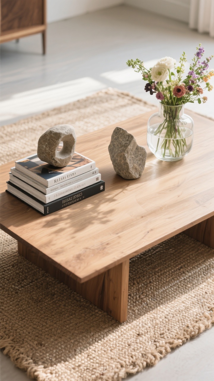 Overhead detail: A coffee table styled by the Rule of Three—stack of art books, a sculptural stone object, and a clear glass vase with fresh florals—arranged with intentional negative space; varied heights and shapes on a wood table surface with a hint of a jute rug edge below, soft morning light creating gentle shadows