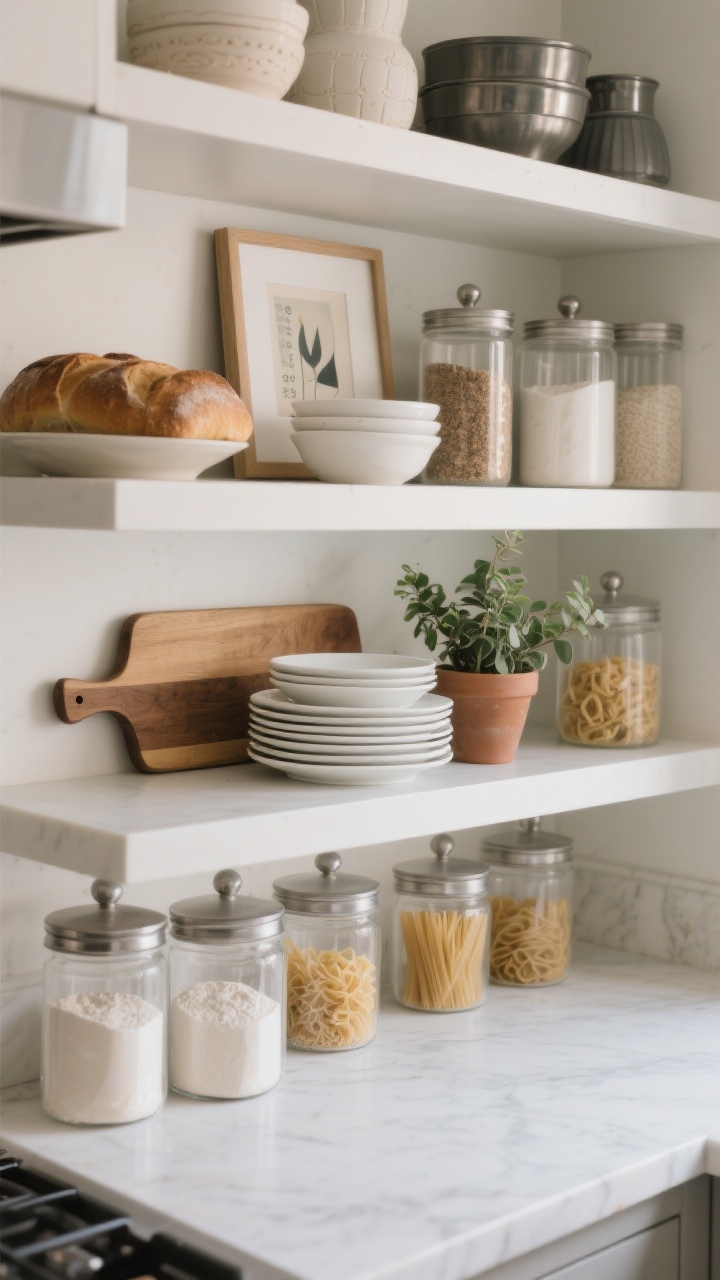 Overhead detail: An open kitchen shelf styled with the “threes” formula—stack of white plates, a small potted plant, and a wooden cutting board. Surround with a balanced mix of ceramics, clear glass canisters with lidded jars of flour and pasta, and a touch of matte metal. Lean a breadboard and a small framed art piece at the back to create depth; leave breathing room. Soft, even natural light, photorealistic.