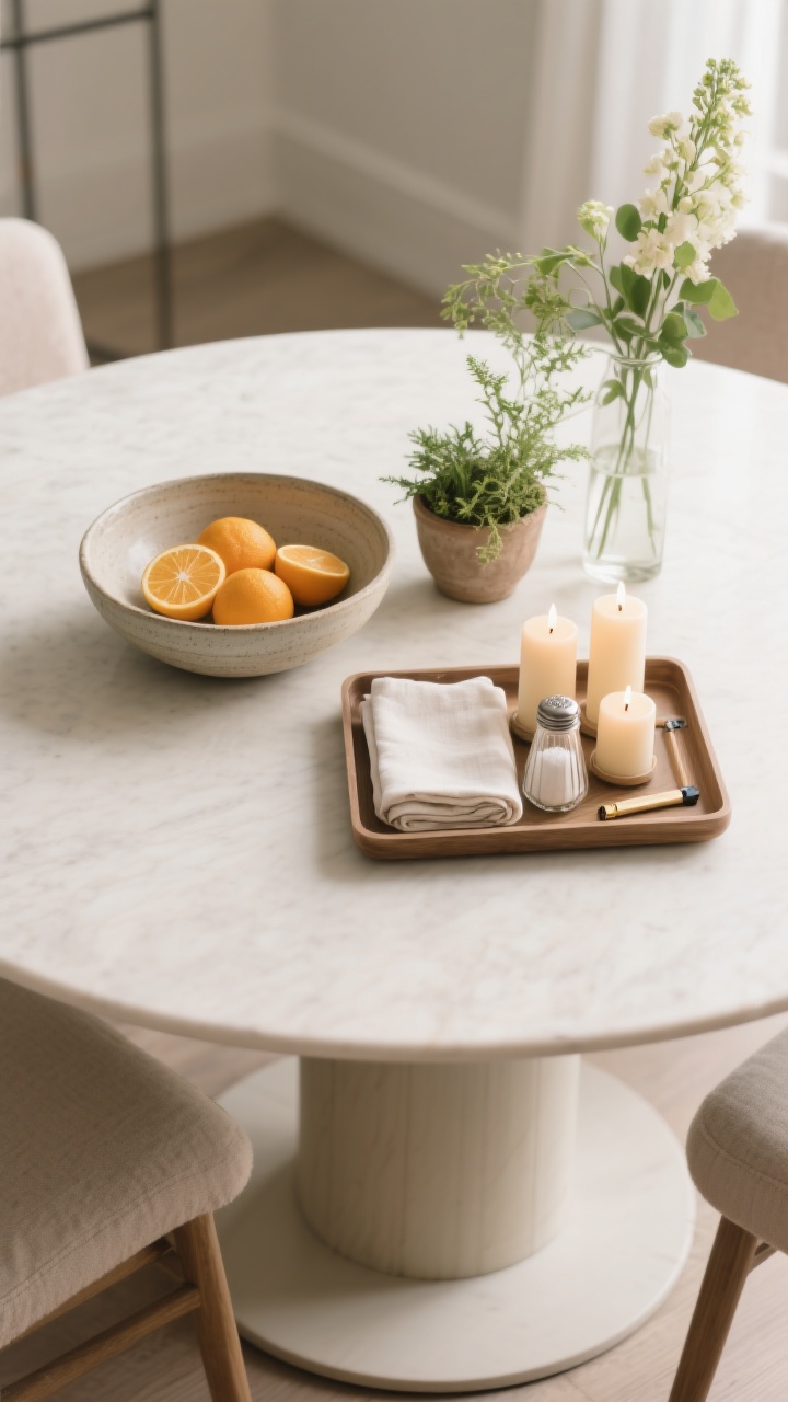 Overhead detail shot: A compact round tabletop styled for daily life with a low centerpiece—a shallow ceramic bowl of citrus beside a small planter with greenery and a trio of votive candles arranged in odd numbers. A tray corrals salt, pepper, cloth napkins, and a lighter for candles, ready to lift when mealtime starts. Soft natural light grazes the tabletop, no tall florals; the composition feels balanced and easy to clear. Optional small lazy Susan beneath the tray, subtly visible.
