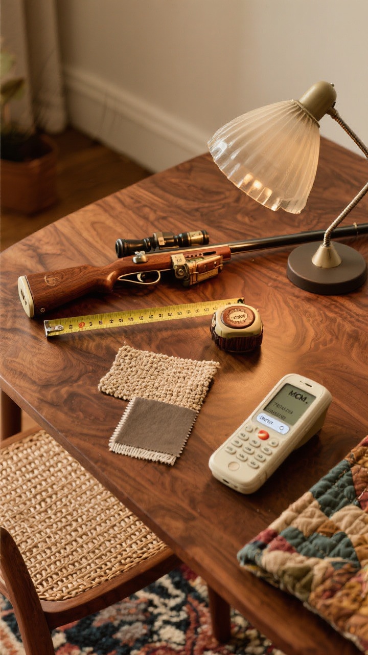 Overhead detail shot: A flat-lay on a walnut table showing a vintage-hunting toolkit—tape measure, phone with search terms visible (“MCM,” “’70s walnut,” “burl,” “smoked glass,” “rattan”), a swatch of textured rug or vintage quilt fabric, and a small desk lamp suggesting statement lighting; evokes smart, budget-savvy sourcing; warm indoor light, photorealistic.