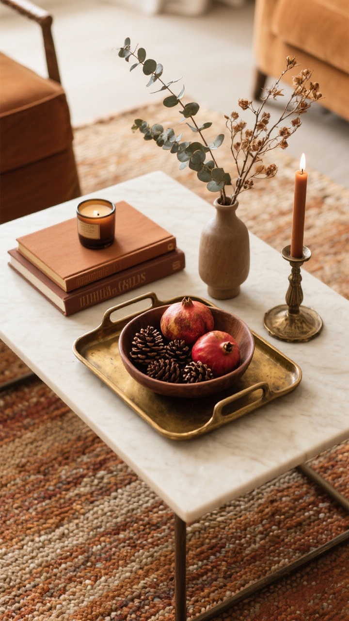 Overhead detail shot: A styled coffee table in fall tones. A rectangular wood or antique brass tray anchors the composition; a tidy stack of 2–3 coffee table books in earthy hues; a low bowl of pinecones and seasonal fruit like pomegranates; a small arrangement of dried stems (eucalyptus) in a bud vase; and a candle suggesting cedar + vanilla. Elements balanced by height: one low, one medium, one taller. Table sits on a flatweave rug with warm lighting, no people.