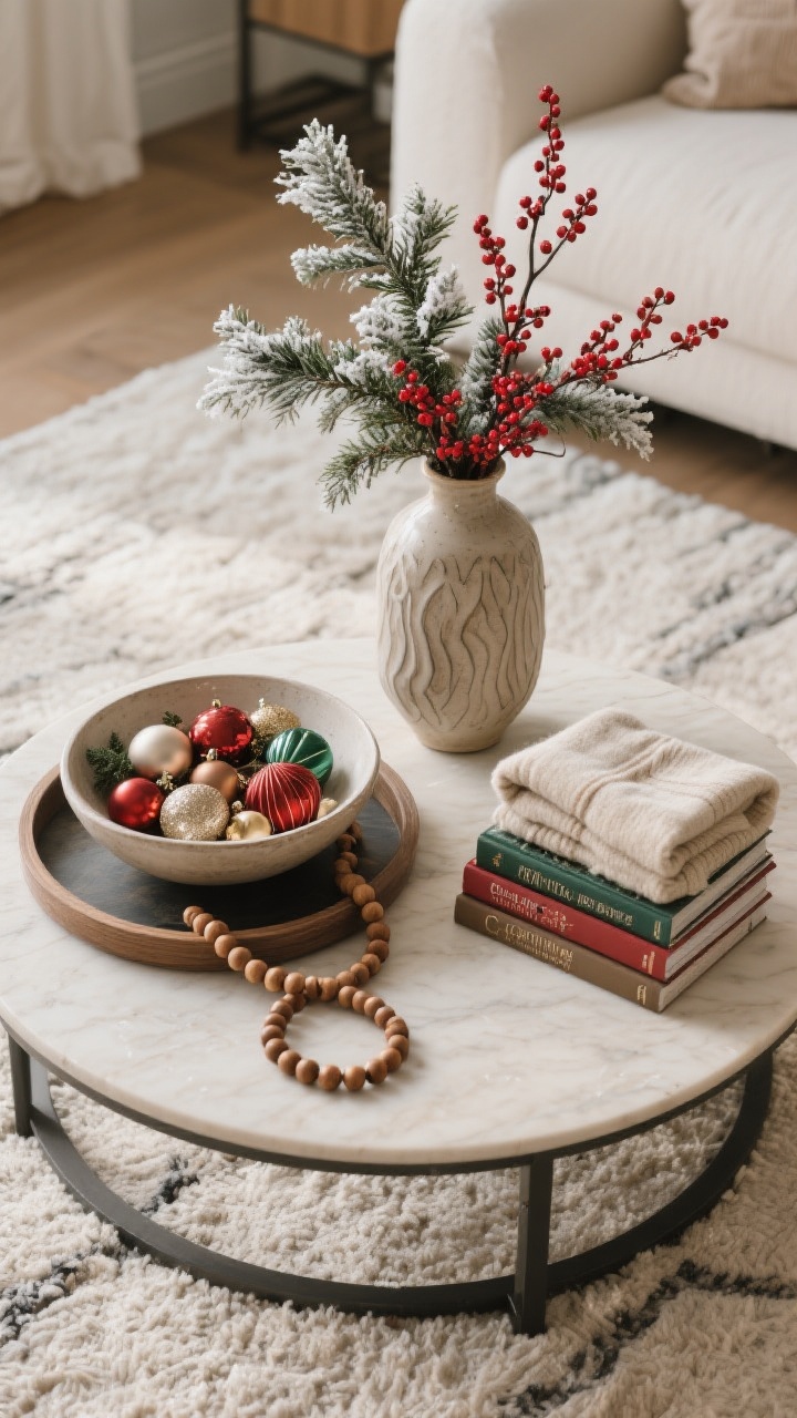 Overhead detail shot of a coffee table styled with the rule of three: tall element—a ceramic vase with winter greenery and red berry branches; sculptural element—a shallow bowl of mixed ornaments with a wood bead garland draped; cozy element—a tidy stack of holiday books beside a mini folded throw; all grouped on a round tray for easy movement; neutral rug visible beneath, photorealistic.
