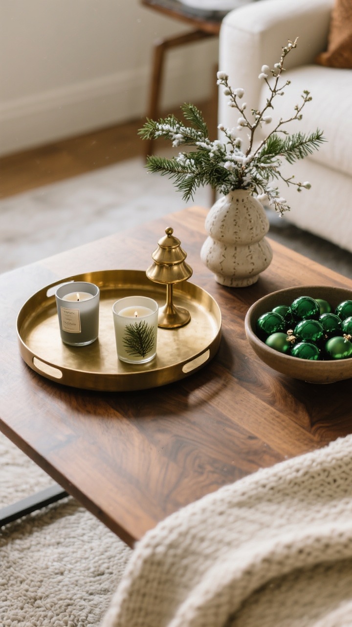 Overhead detail shot of a coffee table tray vignette: a round brass tray on a walnut coffee table holding two candles in matte glass (fir and cedar scents), a sculptural brass bell cluster beside a small ceramic tree, sprigs of greenery and winter branches in a bud vase, and a shallow bowl filled with single-color ornaments (deep green) for a curated look; soft afternoon light, blurred knit throw at the edge.