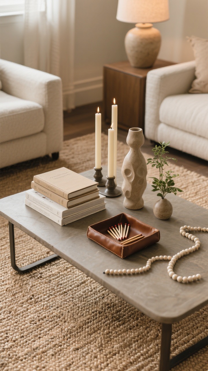 Overhead detail shot of a coffee table vignette on a jute rug: the rule of three—pillar candle, a short stack of neutral-toned books with dust covers flipped, and a small sculptural object beside a petite plant; height play includes a taller ceramic vase, medium lamp at table edge, low leather-lined tray corralling matches and a bead garland; warm, balanced composition; photorealistic.