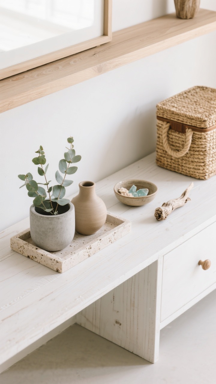 Overhead detail shot of a console top curated with natural materials: whitewashed wood console surface, a travertine tray holding unglazed clay vessels, a small concrete planter with eucalyptus stems; to one side, a seagrass basket and a rattan-handled box, a short length of natural rope as a handle on a drawer; a single piece of driftwood and a small bowl of sea glass as restrained beach finds; light ash shelving edge in frame; calm, modern, unfussy styling, airy negative space, soft daylight.
