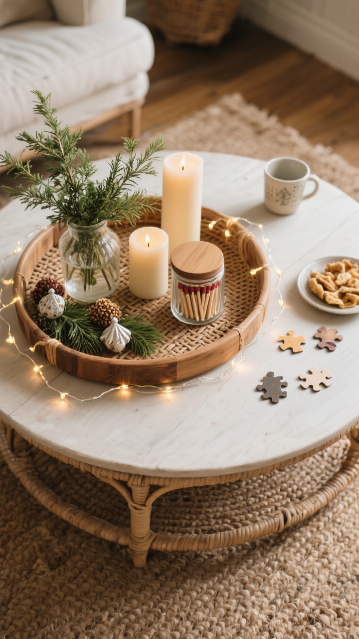 Overhead detail shot of a cottage-core coffee table styled but functional: a round wicker/wood tray corralling a lidded jar of matches, a small vase of fresh greenery, and two candles; tucked ornament clusters and a delicate mini string of fairy lights for sparkle. Half the tabletop intentionally left clear for mugs, snacks, and puzzle pieces. Jute rug texture visible around the table edge, warm ambient light.