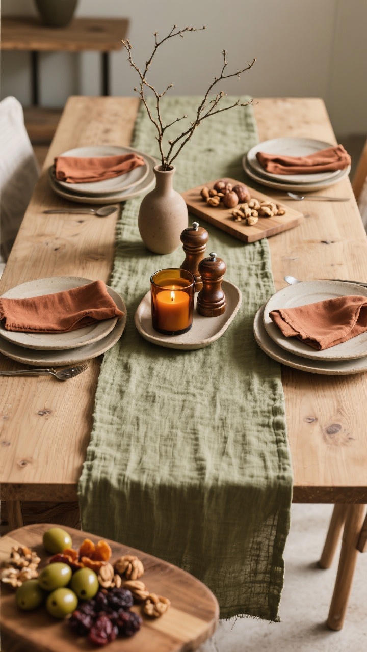Overhead detail shot of a dining setup: A washed linen runner in olive draped along a wood table, centered with a tray holding an amber glass candle, a small vase of branches, and handsome salt and pepper mills. Place warm neutral stoneware plates with cloth napkins in taupe or rust, casually folded. Add a wooden serve board at the edge with nuts, olives, and dried fruit. Natural late-afternoon light, clean and unfussy composition, everyday-elevated mood.