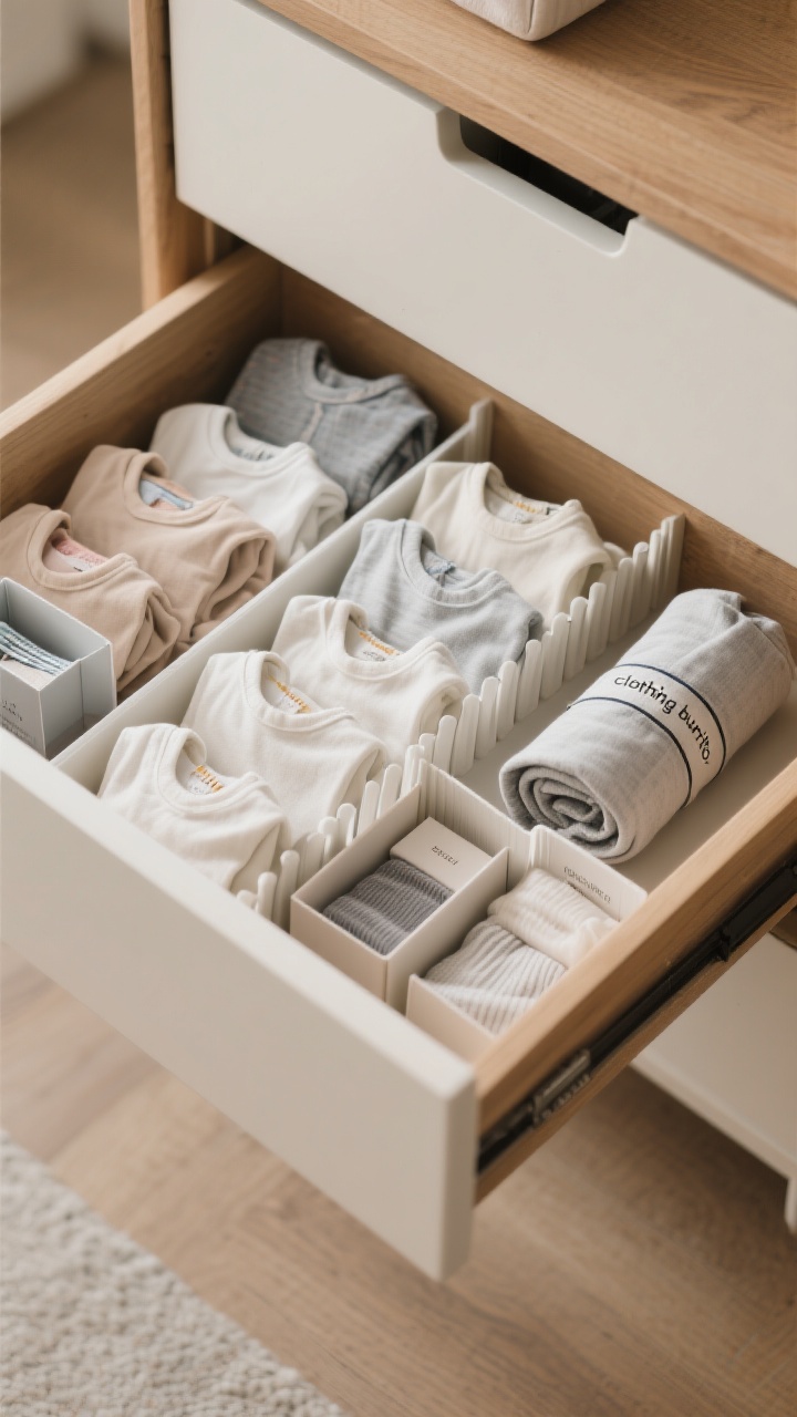 Overhead detail shot of a dresser drawer: file-folded tiny T-shirts and leggings standing upright in neat rows as rectangles, separated by white drawer dividers and small boxes for underwear, socks, and pajamas. One pajama set rolled with the top tucked into the pants like a “clothing burrito.” Natural wood drawer interior, matte cotton textures visible, soft diffused daylight highlighting fabric weaves, photorealistic.