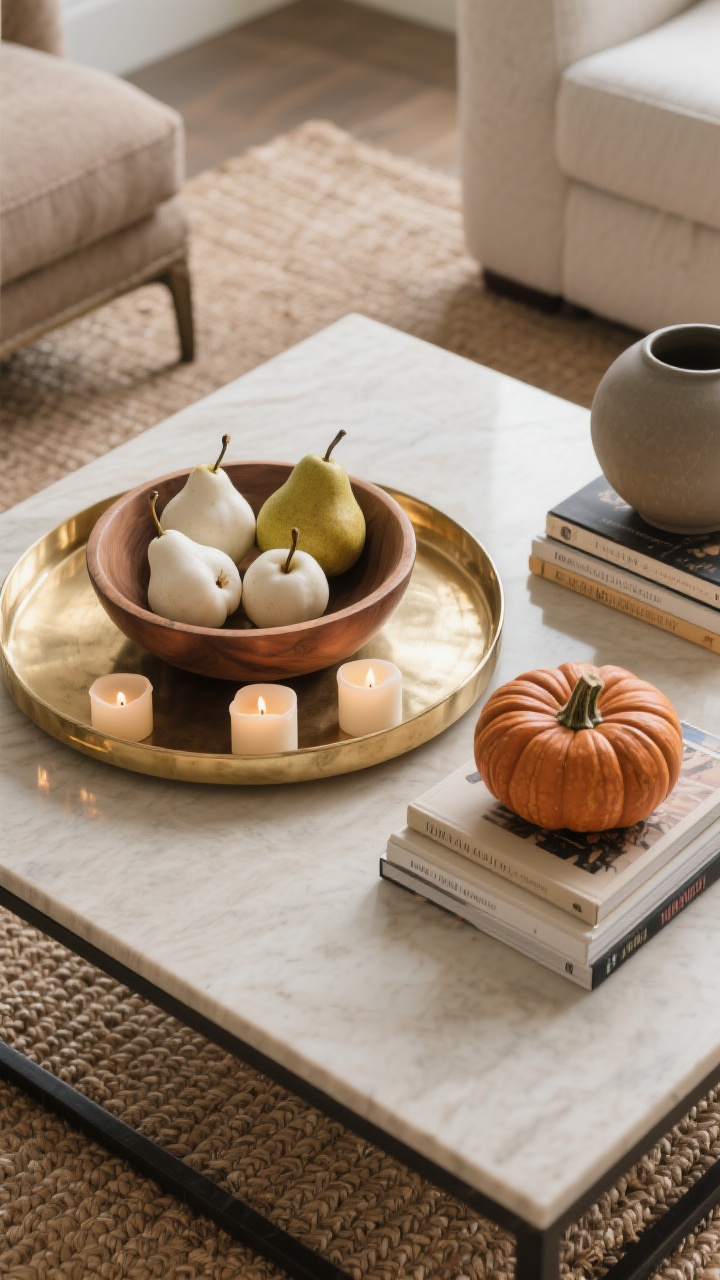 Overhead detail shot of a harvest-inspired coffee table vignette: a round brass tray anchoring stacked large coffee table books, a low wooden bowl filled with pears and mini white and rust pumpkins, a small cluster of candles for glow, and a matte ceramic piece for texture; natural light with subtle reflections to add shine, on a jute rug background.