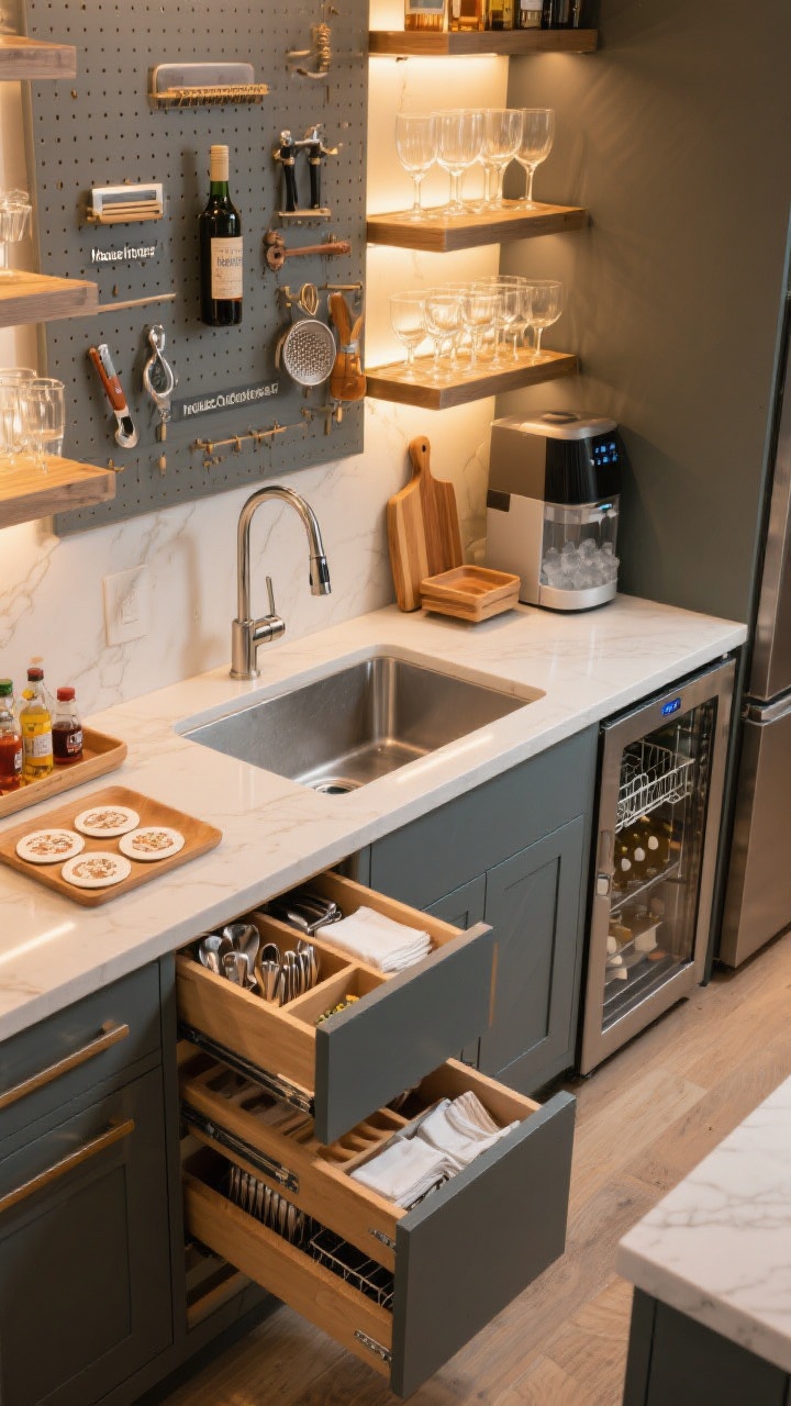Overhead detail shot of a hyper-functional bar workstation: small bar sink with a pull-down faucet next to a beverage center and a separate wine fridge; compact nugget ice maker; open drawers revealing organizers for bar tools, coasters, and napkins; vertical dividers holding cutting boards and trays; shelves with glassware zones—everyday tumblers at eye level, lit display of coupes above; a pegboard inside a cabinet door with bottle openers and strainers; a labeled house-cocktail station with syrups and bitters; under-counter dishwasher panel visible, warm task lighting.