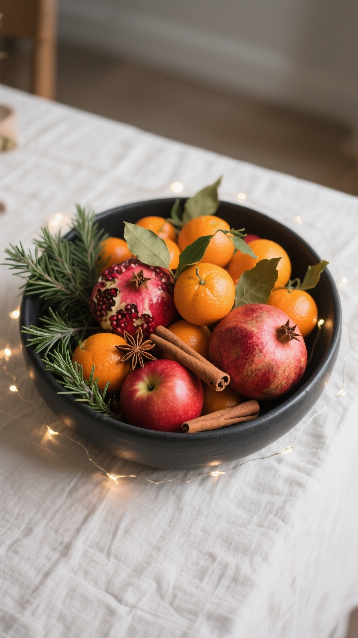 Overhead detail shot of a large matte black ceramic bowl on a light linen table, piled high with whole clementines, pomegranates, and red apples; star anise, cinnamon sticks, and bay leaves nestled between the fruit; sprigs of fresh rosemary adding green texture; delicate battery fairy lights dotted through for a subtle twinkle; high-contrast styling against a pale tablecloth; soft, warm ambient lighting.