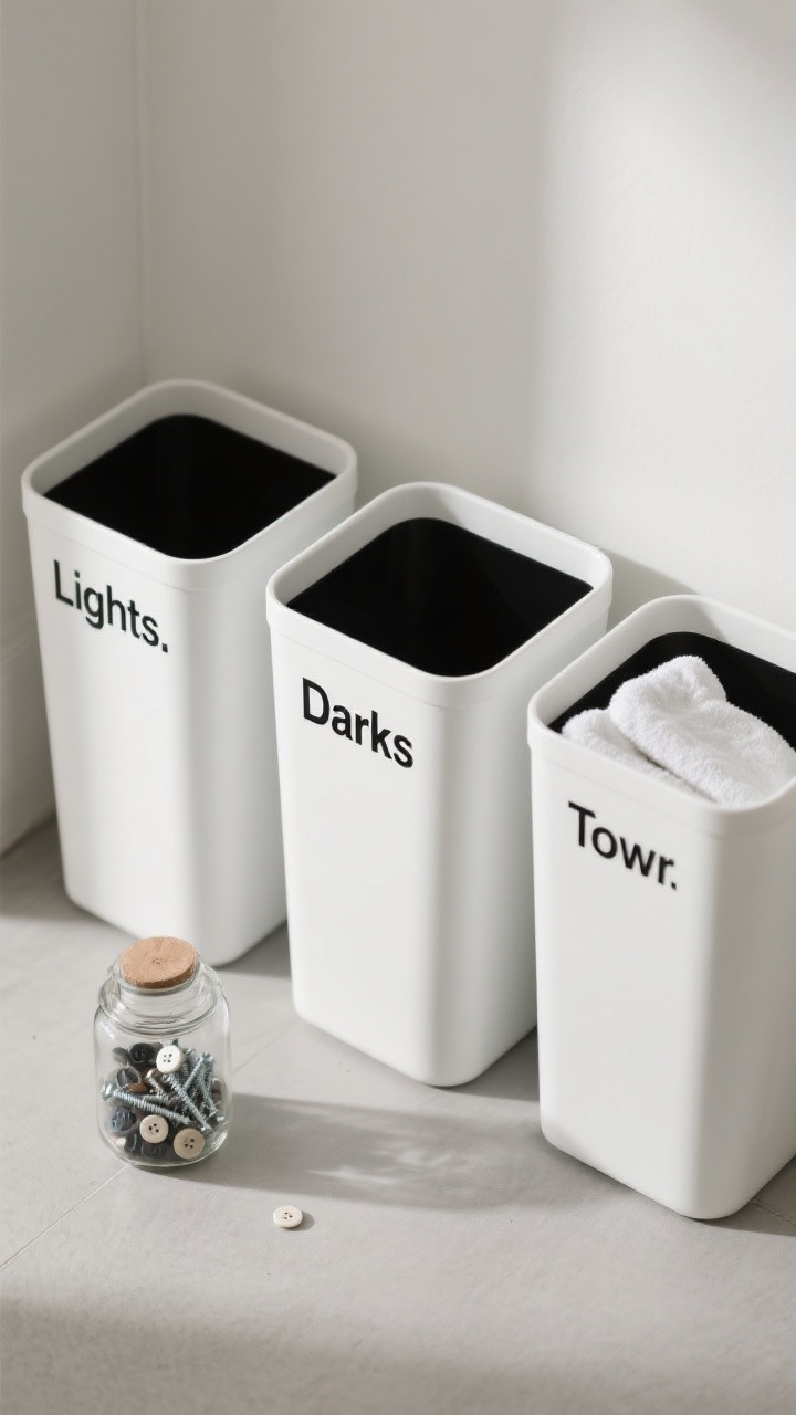 Overhead detail shot of a minimalist sorting system: three slim bins labeled Lights, Darks, Delicates in simple black typography, with an additional bin labeled Towels slightly off-frame. Include a small glass lost-and-found jar containing buttons and random screws. Neutral color scheme with matte white bins, soft gray floor, and subtle shadows for depth, photorealistic.