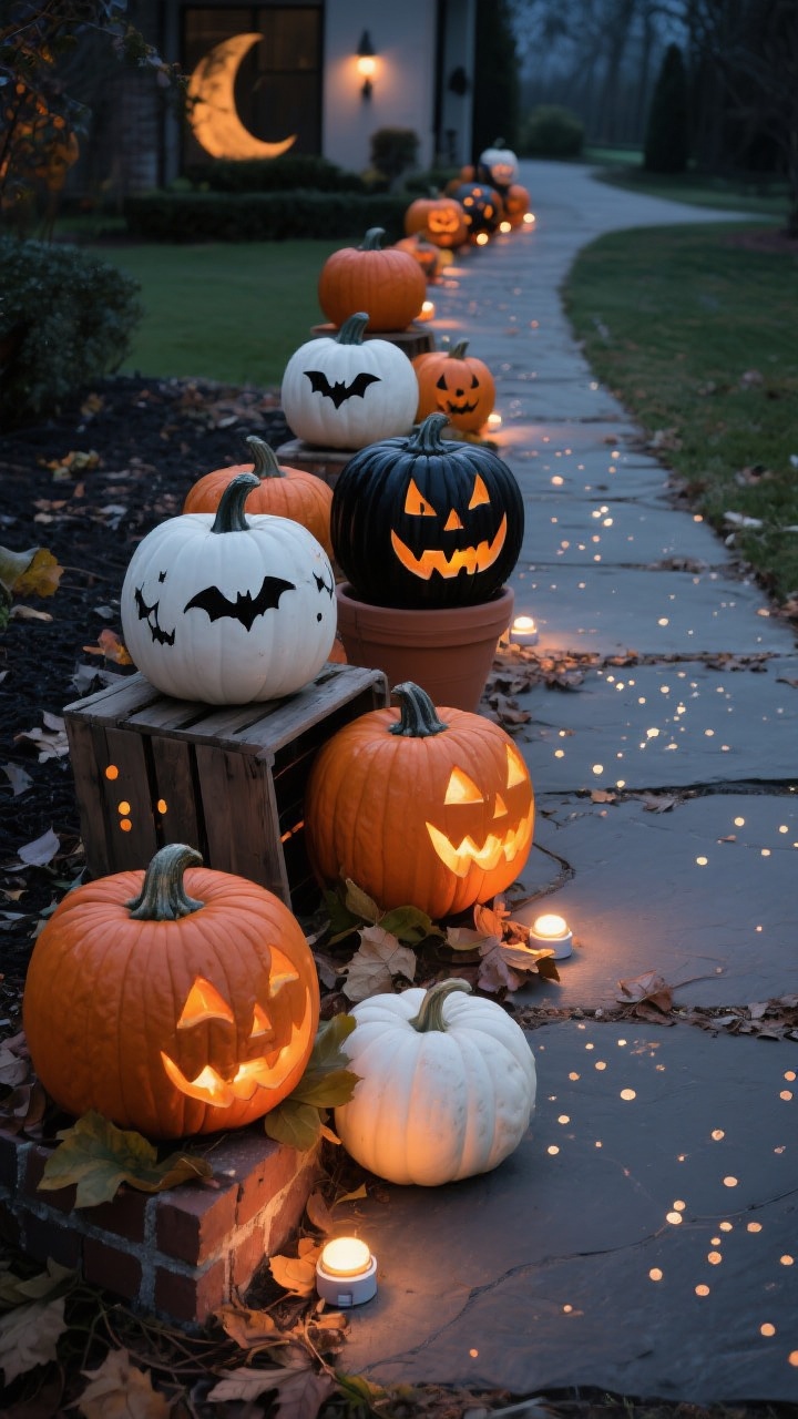 Overhead/detail shot of a pumpkin-lit pathway at twilight: sculptural clusters of pumpkins in threes along a stone walk—mix of real gourds, faux resin pumpkins, and carved jack-o’-lanterns; varied heights created with crates, upside-down pots, and bricks hidden under leaves; selective lighting where alternating pumpkins glow with warm LEDs and battery puck lights on timers; drilled constellation dot patterns sparkling in some, simple modern painted faces in matte black and bone white on others, plus silhouette decals of bats and moons on white pumpkins; cohesive orange/black/white palette with subtle leaf litter texture.