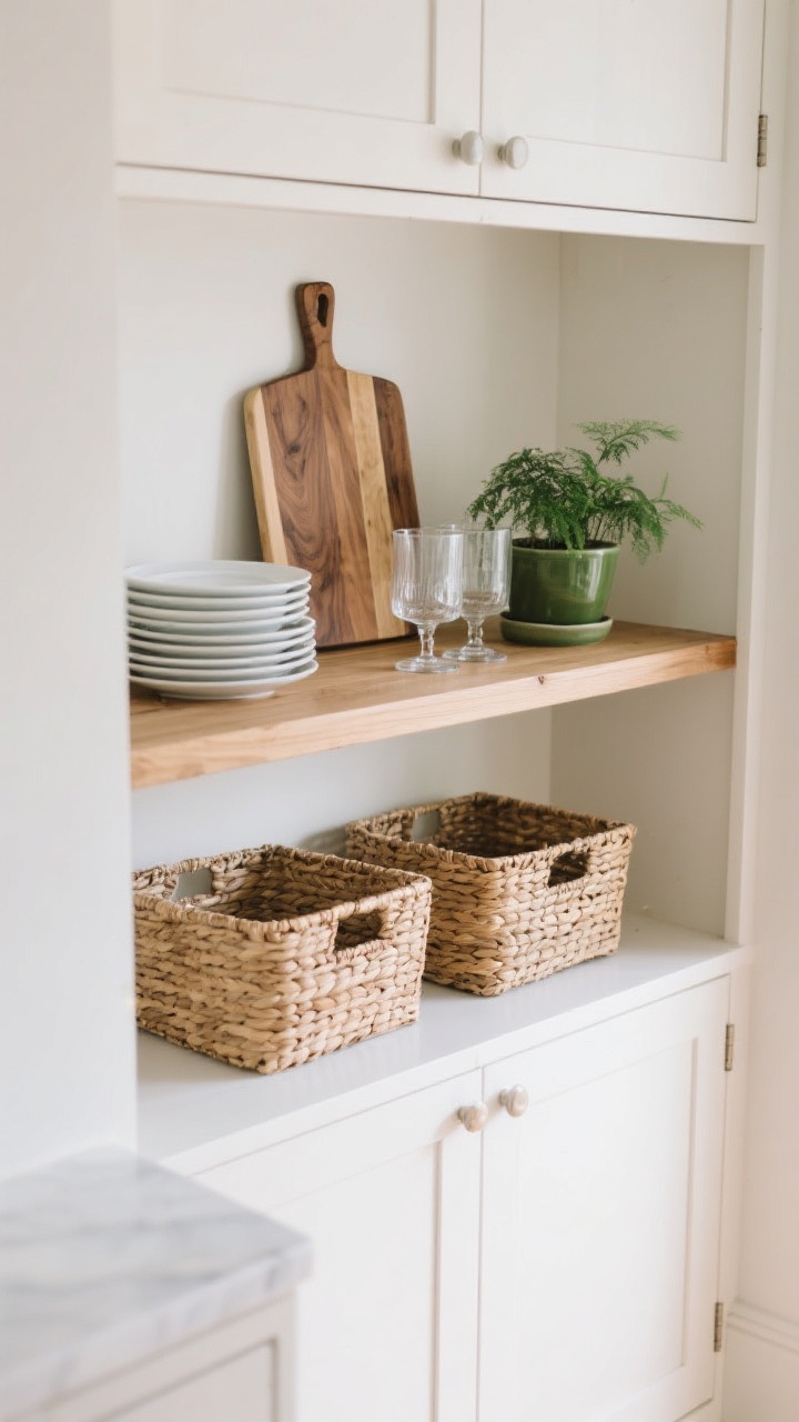 Overhead detail shot of a styled open shelf and adjacent closed cabinet run: natural wood open shelf displaying a curated trio—stack of white plates, a wood cutting board with rich grain, and a small potted plant—plus clear glassware; woven baskets tucked on a lower shelf for hidden storage; nearby shaker-style closed cabinets maintain zero-clutter look; palette limited to whites, wood, clear glass, and a single green accent; soft natural light; no people, photorealistic.