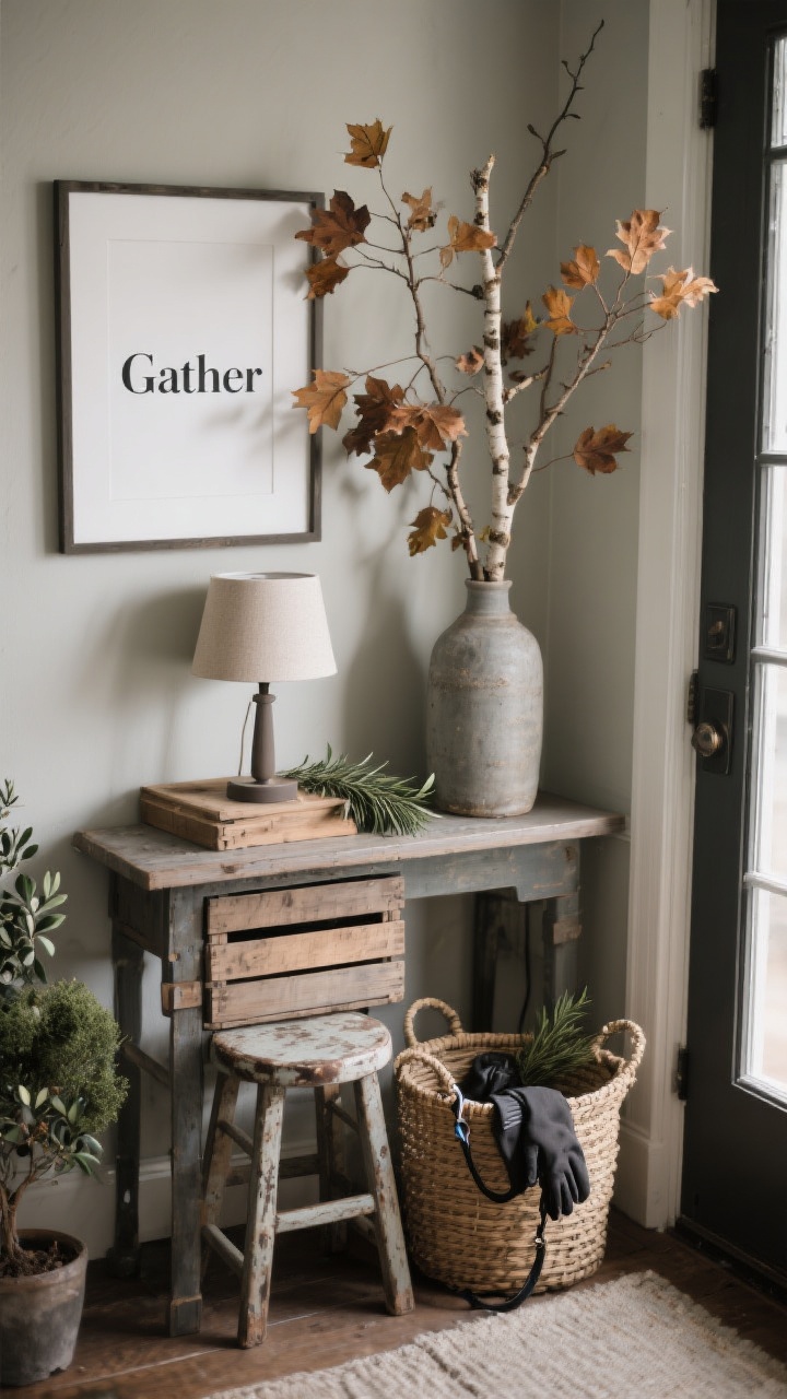 Overhead detail shot of a tiny entry table or stacked crates styling zone: a vintage stool or crate stack topped with a small lamp, a tall vase of foraged maple or birch branches for height, a framed minimalist “Gather” print leaning against the wall, and a woven basket for gloves/dog leashes; add a small olive tree or rosemary topiary; neutral tones, moody fall palette; tidy, uncluttered composition with natural window light.