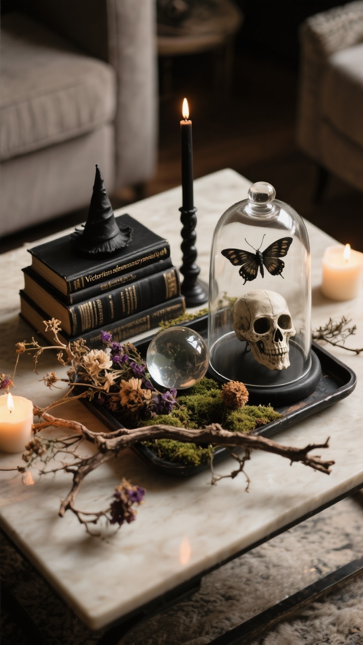 Overhead detail shot of a witchy coffee table tablescape, “Victorian séance meets cozy movie night.” A tray base corrals items: a stack of books with black spines for height, a crystal ball and a matte black candle, a glass cloche covering a faux moth or mini skull. Natural textures include dried florals, moss, and twisted branches arranged artfully. Photorealistic, low warm light from nearby candles, subtle shadows, no people.