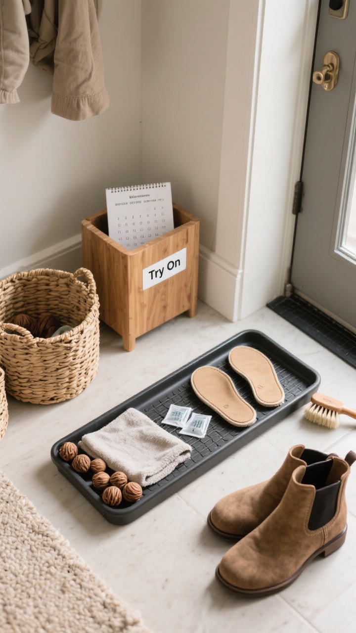 Overhead detail shot of maintenance and freshness: A boot tray mid-wipe with a microfiber cloth, silica packets and cedar balls arranged near woven baskets, a pair of removable insoles ready for the wash, and a compact boot brush at the threshold; a labeled “Try On” bin and a calendar card noting monthly rotate and seasonal swaps; neutral tones with pops of natural wood and cedar, soft indoor lighting, crisp textures of rubber tray and woven fibers.