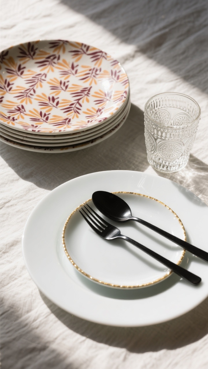 Overhead detail shot of mixed high-low dinnerware: a basic white dinner plate stacked with a patterned salad plate (subtle botanical or geometric in merlot/ochre), matte black flatware for edgy contrast, and a vintage cut-glass tumbler beside a modern plate; one repeating detail (a brass rim or repeated motif) ties pieces together; clean linen backdrop; crisp natural light.