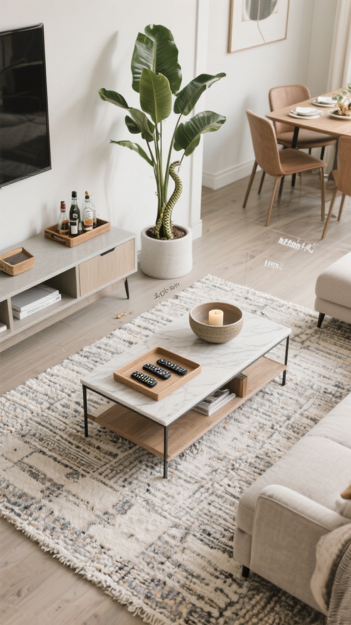 Overhead detail shot: Styled-for-flow surfaces—coffee table tray neatly corralling remotes on a textured rug, and a console tray with bar gear; a low, simple dining centerpiece (ceramic bowl and candle) ensuring easy mealtimes; layout hints show 18 inches between sofa and coffee table and ample space behind dining chairs for a 24-inch pull-out; a tall snake plant subtly marking the border between zones; calm, clutter-free mood, photorealistic.