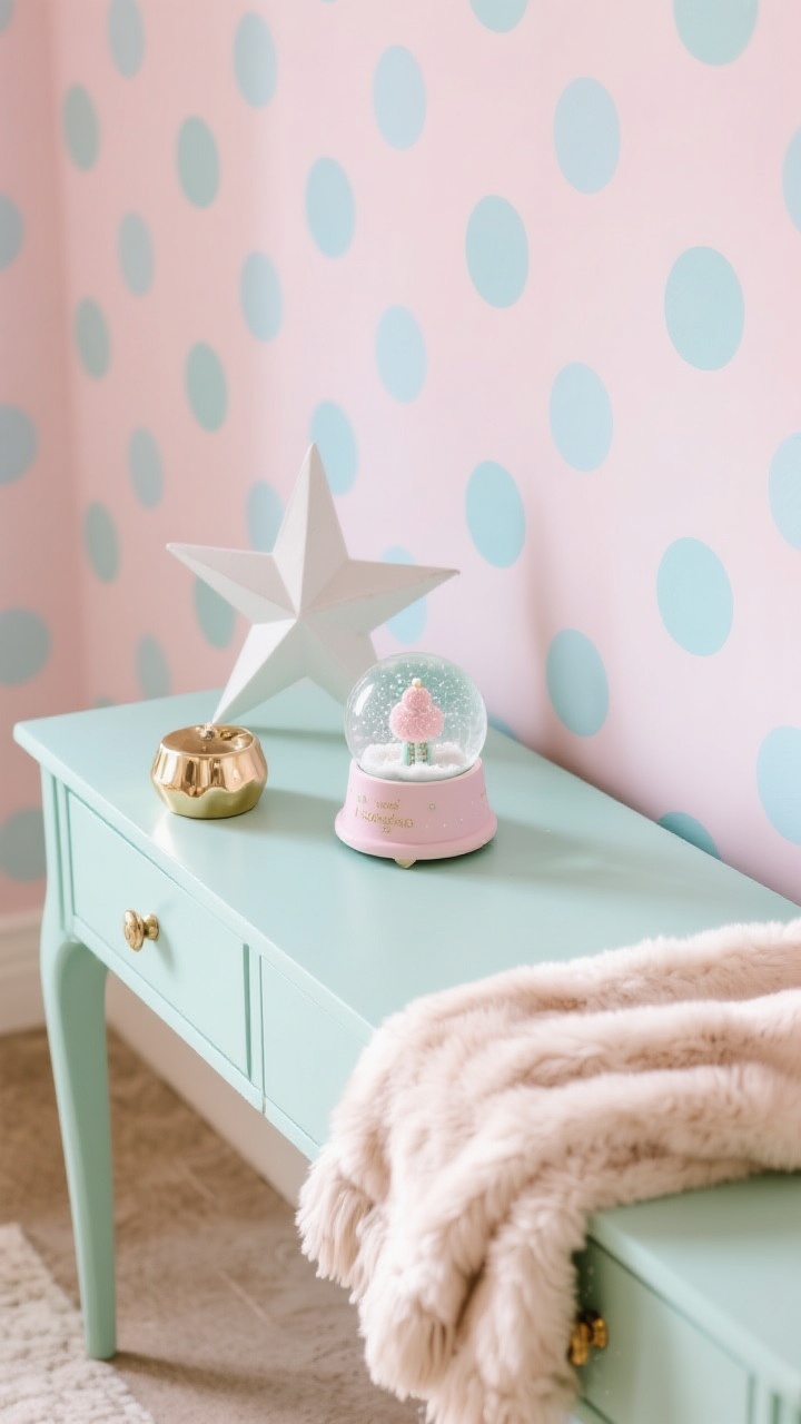 Overhead detail shot: Whimsical pastel holiday vignette on a mint-painted console against wallpaper in soft pink, icy blue, and mint abstract dots. Style with simple geometric star decor, a small pastel snow globe, and rose-gold/champagne metallic accents. Add a fluffy faux fur throw partially in frame for cozy contrast; bright airy daylight, photorealistic.