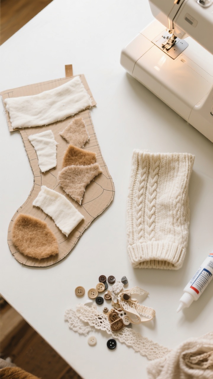 Overhead flat-lay of a DIY-upcycling workspace: a traced cardboard stocking template, cut pieces from old cream and tan sweaters and felted wool, a cotton/muslin lining piece, cable-knit sleeve reserved for a cuff, and small piles of leftover buttons, lace, and ribbons for trim; sewing machine at the edge of frame with fabric glue as an alternative; cohesive neutral color story (creams and tans) clearly visible; bright, even task lighting for clarity; photorealistic craft-scene texture.