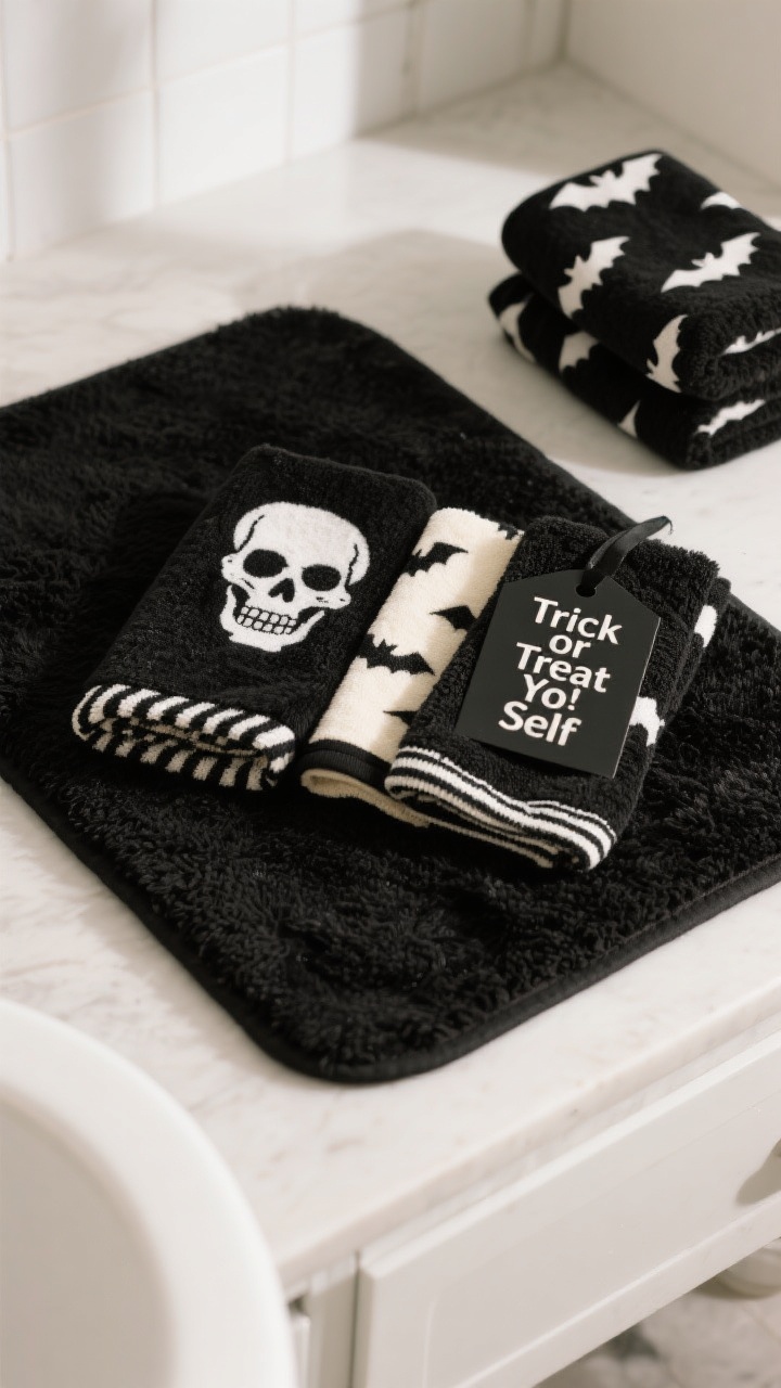 Overhead flat-lay of Halloween textiles: skull-print hand towels in black and cream neatly folded alongside a plush black bath mat; a cheeky “Trick or Treat Yo’ Self” towel tag visible; limited palette of black and cream for a classy look; only two patterns present (bats and stripes motifs on trim edges); soft fabric textures highlighted with diffused daylight; spare folded backup guest towel stacked nearby.
