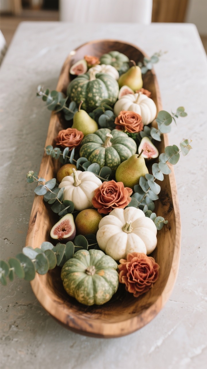 Overhead medium shot of a low, lush fall centerpiece in a long wooden dough bowl: a natural mix of mini white and sage-green pumpkins, pears, figs, and trailing eucalyptus, with a few rust-colored roses and dahlias tucked in; arranged in odd-number groupings; neutral matte stone tabletop; soft, even daylight for natural color; negative space left around the bowl for serving.