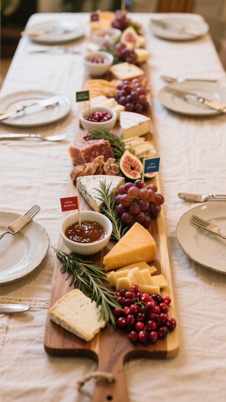 Overhead medium shot of an edible centerpiece charcuterie runner: cutting boards lined end-to-end forming a central lane topped with assorted cheeses, clusters of grapes, rosemary sprigs, fig jam in small bowls, and sparkling sugared cranberries; small plates and tongs placed at both ends for easy serving; stickier items toward the center to protect linens; tiny flagged cheese labels for clarity; warm, inviting ambient light emphasizing appetizing textures.