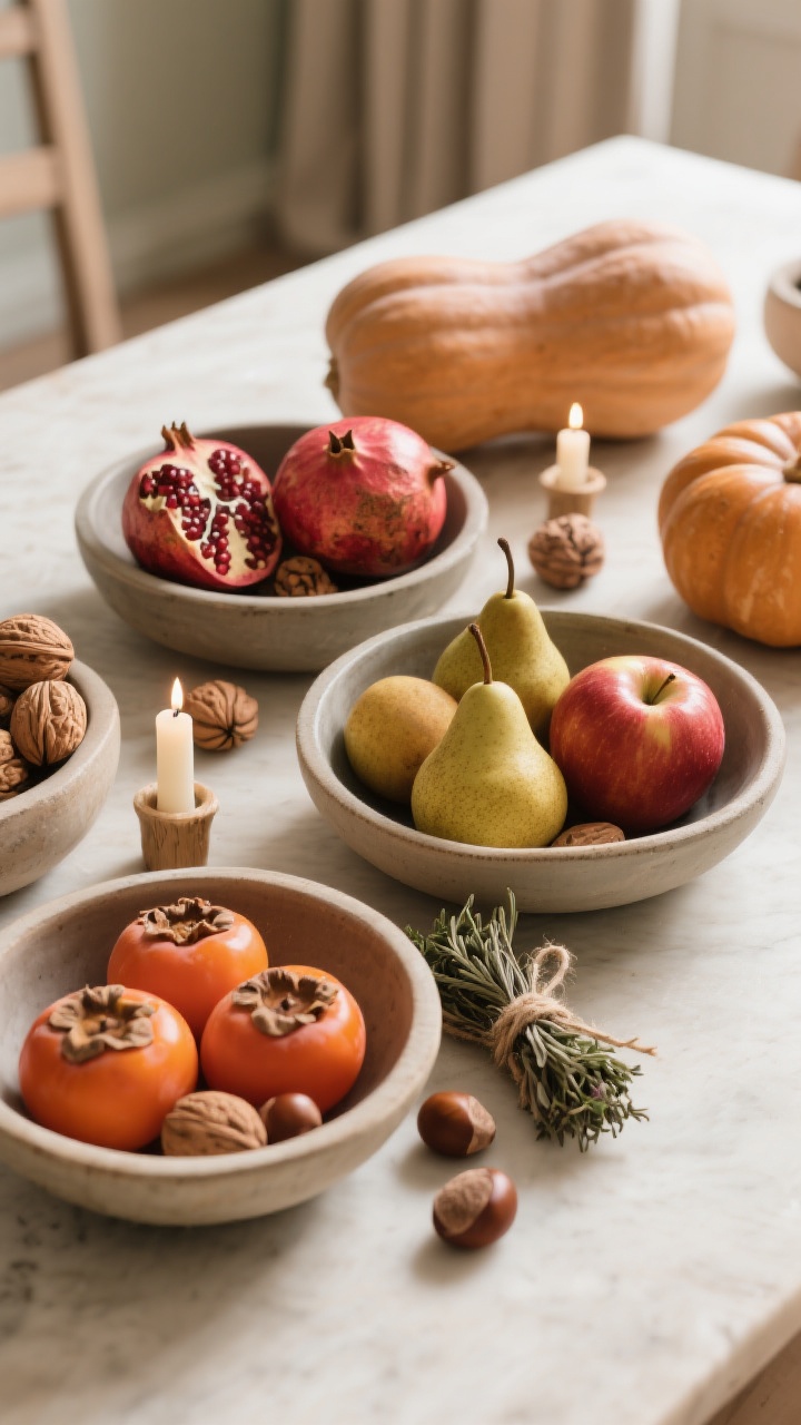 Overhead medium shot of seasonal produce as decor: shallow bowls filled with pomegranates, pears, and persimmons; walnuts and chestnuts scattered between candles; small bundled herbs (sage and thyme) tied with twine for fragrance; varied finishes—matte squash, glossy apples, textured nuts—create visual contrast; warm, cozy afternoon lighting.