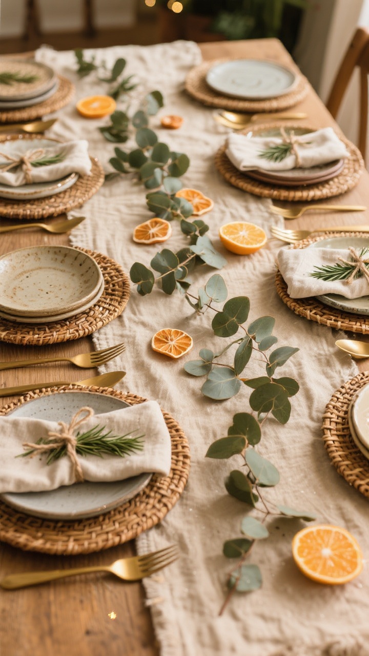Overhead shot of a boho holiday tablescape: an oatmeal linen runner topped with a scatter of eucalyptus stems and dried orange slices; mismatched ceramic and stoneware plates layered over rattan chargers; brass flatware; cloth napkins tied with twine and a rosemary sprig; low, unfussy centerpiece elements to keep sightlines clear; warm, soft lighting with a hint of shimmer from the brass.