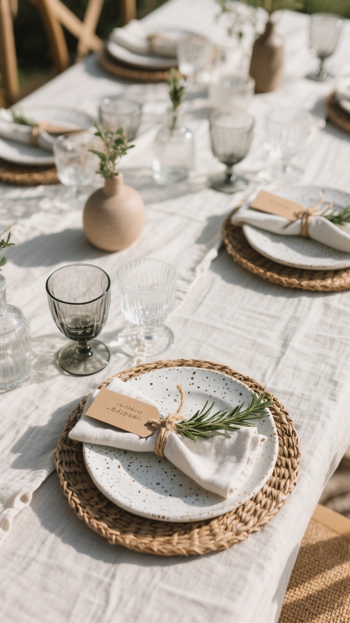 Overhead tablescape shot focused on relaxed elegance: linen table runner, rattan or matte stone chargers under simple white/speckled ceramic plates layered with salad plates; cloth napkins tied with twine and a sprig of rosemary; kraft tag place cards clipped to napkin rings; mixed clear and smoked glassware. Centerpieces kept low for unobstructed conversation, soft afternoon light.