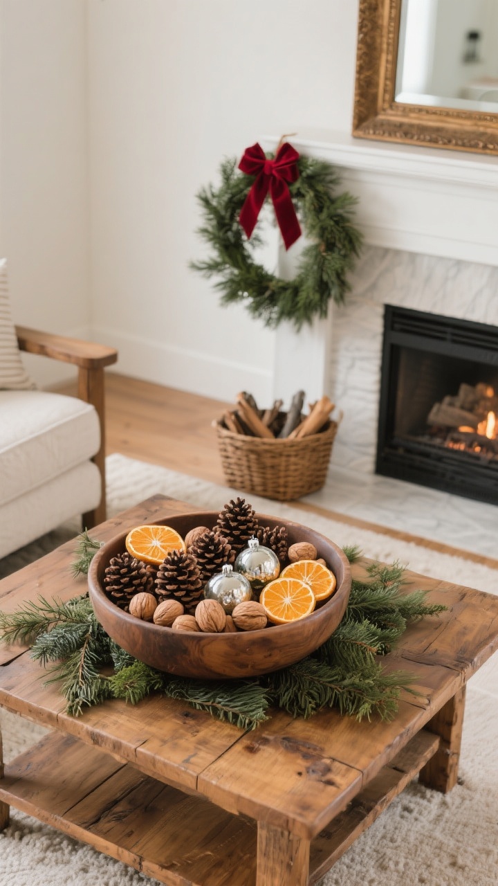Overhead top-down shot of a wooden coffee table centerpiece and hearth accents highlighting natural elements without mess: a vintage wooden dough bowl filled with pinecones, whole walnuts, dried orange slices, and a few glass ornaments; to the side, a simple pine wreath hung with a cranberry velvet ribbon on a nearby mirror edge; a small basket of kindling placed neatly near the fireplace. Balanced composition, warm wood tones, subtle greenery scent implied, mixed real and faux sprigs visible.