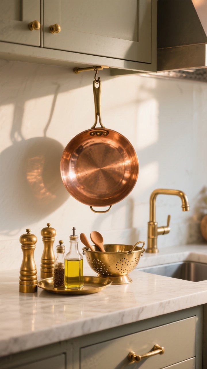 Photorealistic close-medium shot highlighting metallic warmth: a single copper pan hanging on a hook as a focal point, brass pepper mills on the counter, a vintage brass colander displayed, and a small brass tray holding oils, vinegar, and wood spoons. Optional glimpse of brass cabinet pulls or a warm metal faucet. Warm, reflective glow, late-afternoon light, 45-degree angle.