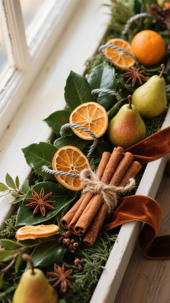 Photorealistic close-up detail shot from above of a nostalgic citrus-and-spice window box arrangement in soft afternoon light. Mixed classic greens with glossy bay or magnolia leaves for texture. Dried orange slices threaded on florist wire, twisted into the greens in clusters of three. Bundled cinnamon sticks tied with jute twine, tucked beside the oranges. Star anise sprinkled thoughtfully for aromatic detail; a few clove-studded faux pears adding charm. Velvet ribbon in rust or deep green woven through to unify the palette; warm, old-world mood.