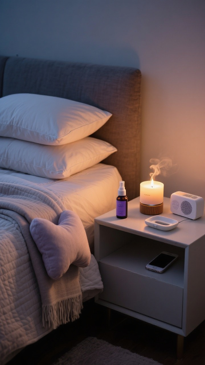 Photorealistic closeup bedside vignette capturing multi-sensory comfort: neatly layered bedding with a breathable quilt and a folded throw for temperature control; two pillows stacked (medium support and higher side-sleeper) plus a soft cuddle pillow in front. On the nightstand, a lit candle in cedar-lavender scent (safe flame or warmer implied), a small essential-oil diffuser with faint vapor (lavender/bergamot), and a linen spray bottle. Include a compact white-noise machine and a sunrise alarm clock in place of a phone, with a simple docking tray and charger hidden. Warm, dim evening lighting; intimate, calming mood.