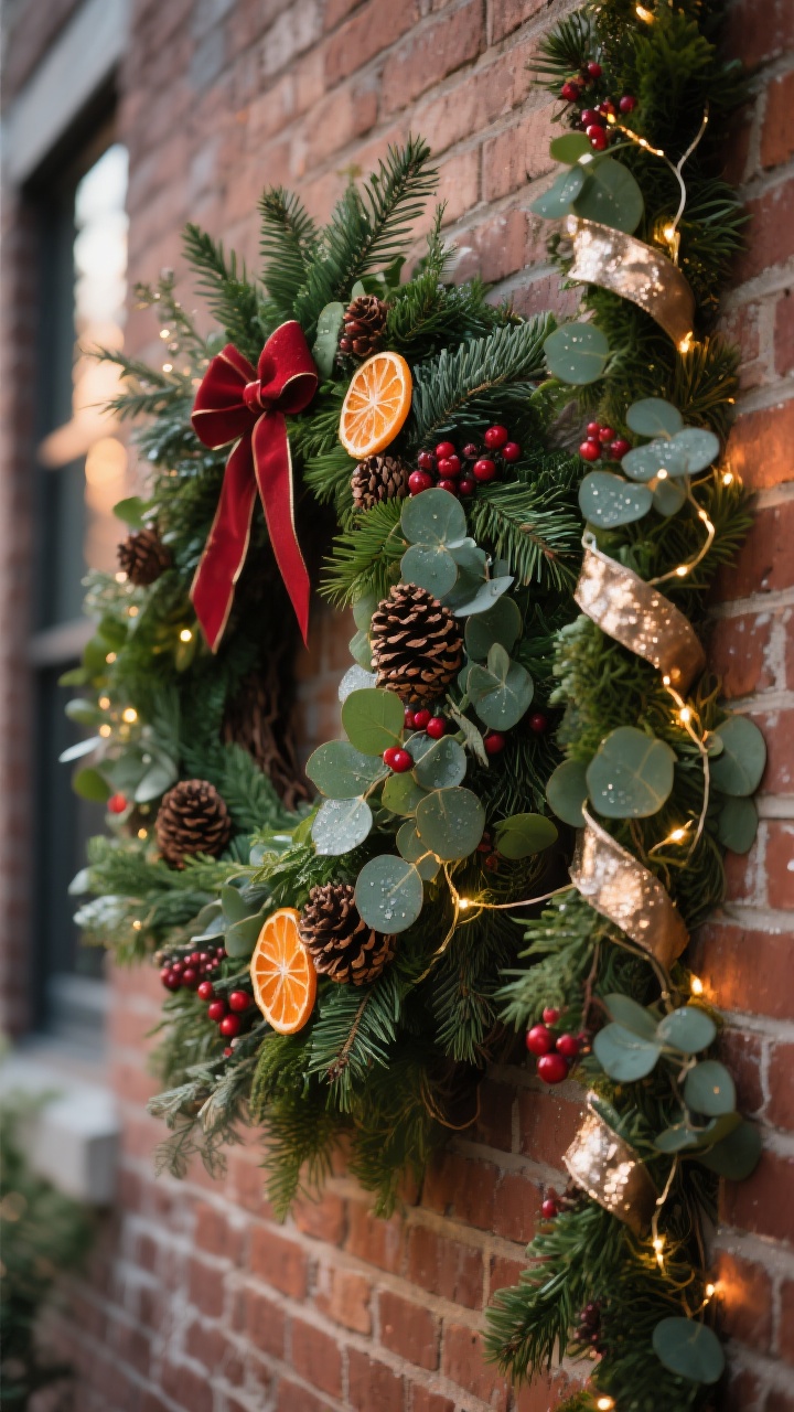 Photorealistic closeup/detail of a coordinated wreath and garland set on a brick facade: oversized, mixed greenery (cedar, fir, eucalyptus) with layered textures; palette of deep green, berry red, and champagne metallic accents; styled with ribbon, pinecones, dried orange slices, and faux berries; hidden fairy light strands woven through for a custom, expensive look; shallow depth of field, warm evening glow, slight dew on leaves; corner angle capturing both wreath scale and garland fullness.