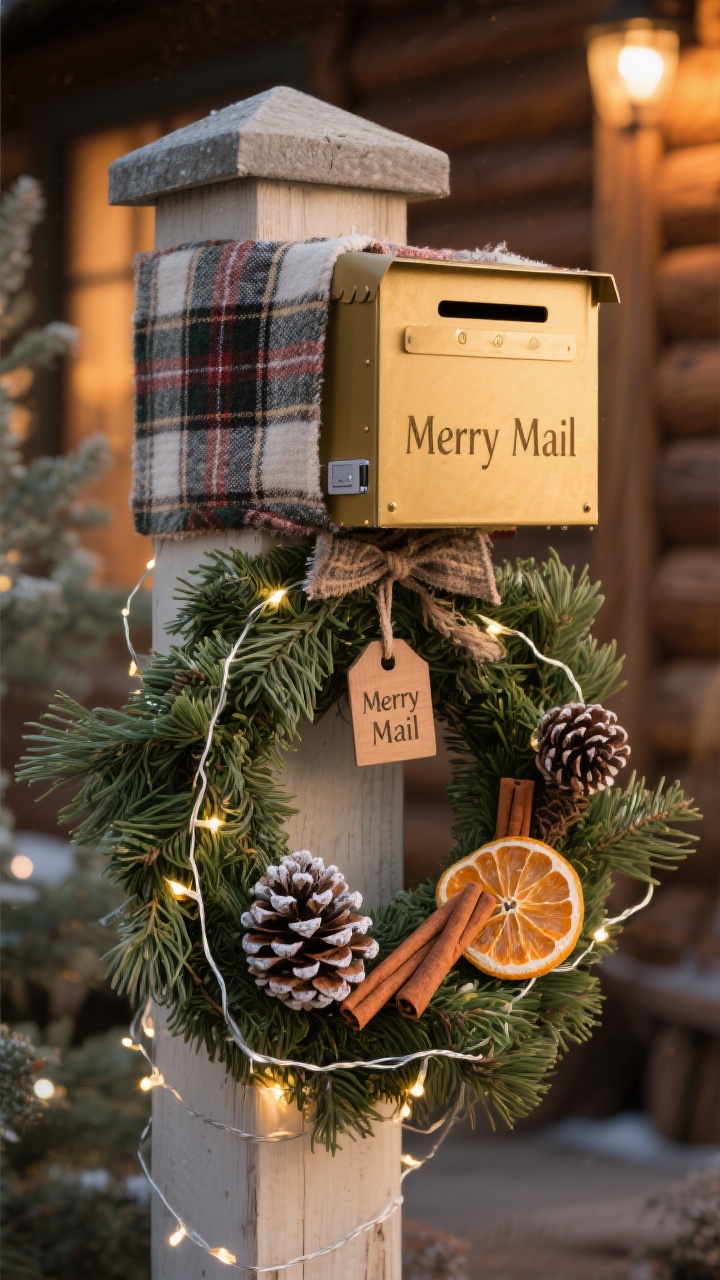 Photorealistic closeup detail of a cozy cabin-style mailbox post wrap. The post is wrapped in plaid flannel ribbon with visible fabric weave and soft texture, secured with outdoor double-sided tape. Just beneath the box, a thick greenery collar (cedar/faux garland) forms a mini-wreath base. Natural accents are wired on: pinecones with frosted tips, bundled cinnamon sticks, and dried orange slices showing translucent segments. A small wooden tag reading “Merry Mail” hangs slightly off-center for an intentionally asymmetrical, natural look. Warm-white micro-LED fairy lights are woven through the collar, with the discreet battery pack tucked behind. Golden evening glow, shallow depth of field, side angle highlighting textures.