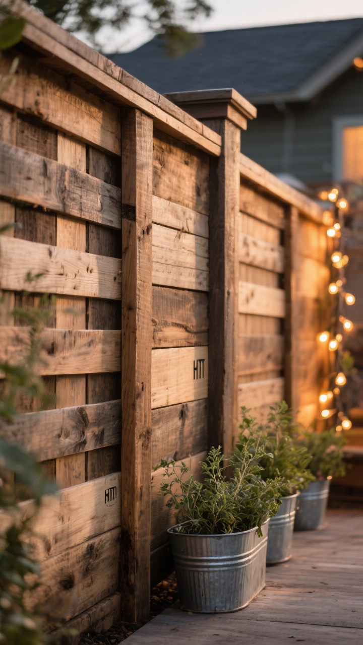 Photorealistic closeup detail of a rustic board-and-batten fence constructed from reclaimed pallet wood: visible vertical battens casting crisp shadows, a smooth cap rail on top for a finished look, and the wood clearly sanded and sealed (HT stamp faintly visible on an inner board). Include galvanized planters with herbs along the base and warm string lights draped nearby for evening ambiance. Side angle to emphasize texture and depth of the battens; warm dusk lighting.