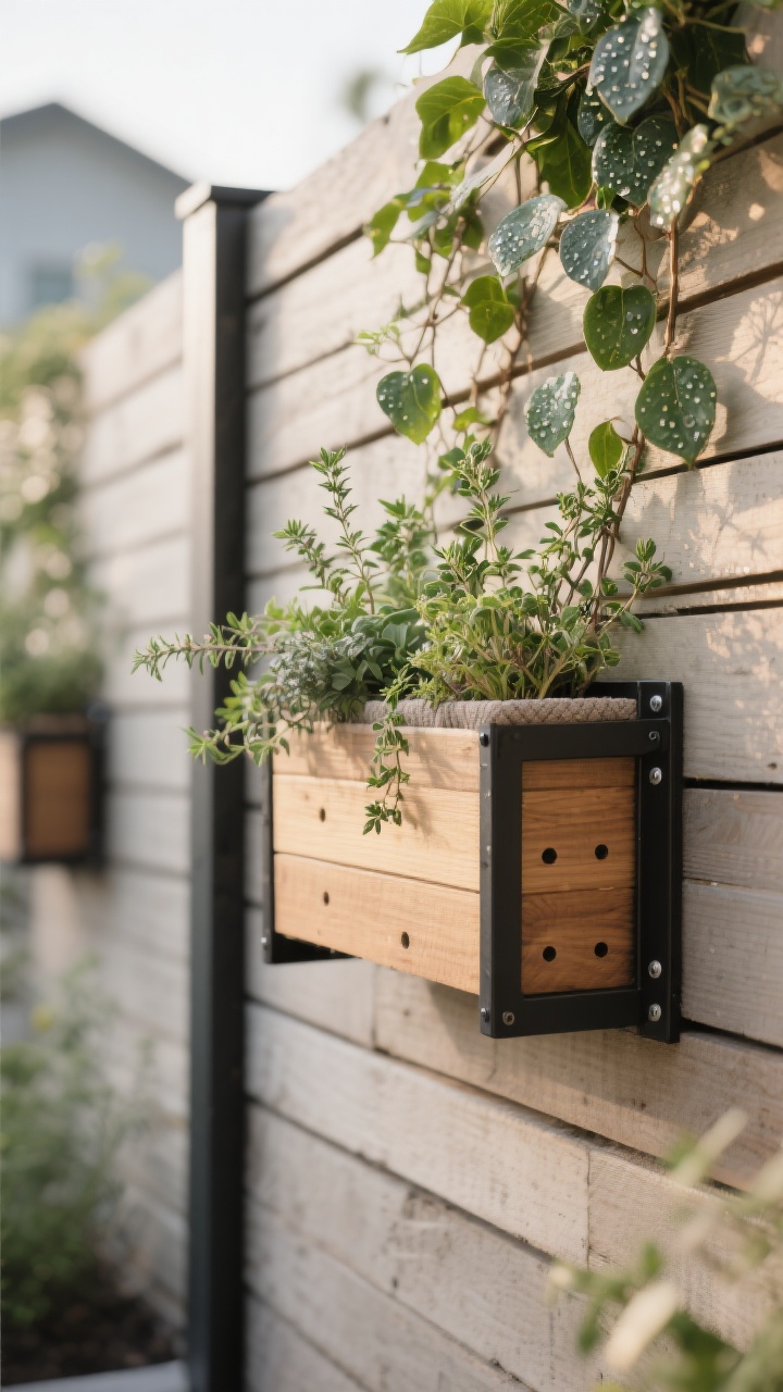 Photorealistic closeup detail of a tall pallet privacy fence with integrated mounted planter boxes. Focus on one planter: cedar-look box lined with landscape fabric, subtle drainage holes visible, secured with heavy-duty black metal brackets into vertical supports (not just slats). Trailing ivy and compact herbs like thyme and oregano spill over the edge. Soft morning light, shallow depth of field highlighting the living wall effect and moisture-beaded leaves, neutral background blur, no people.